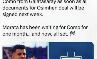 意甲媒体透露：米兰与加拉塔萨雷俱乐部达成一致，莫拉塔提前结束租借，然后加盟科莫俱乐部